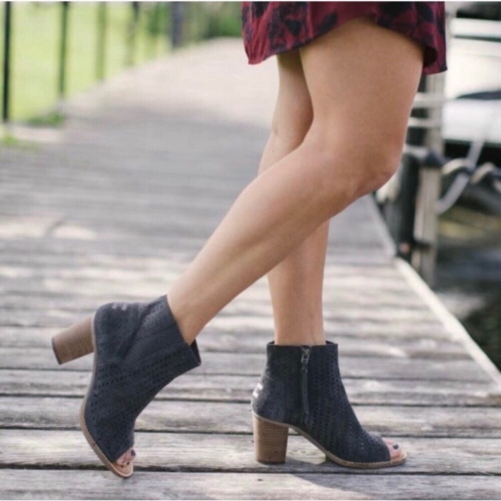 TOMS Majorca Floral Embossed Peep-Toe Suede Bootie